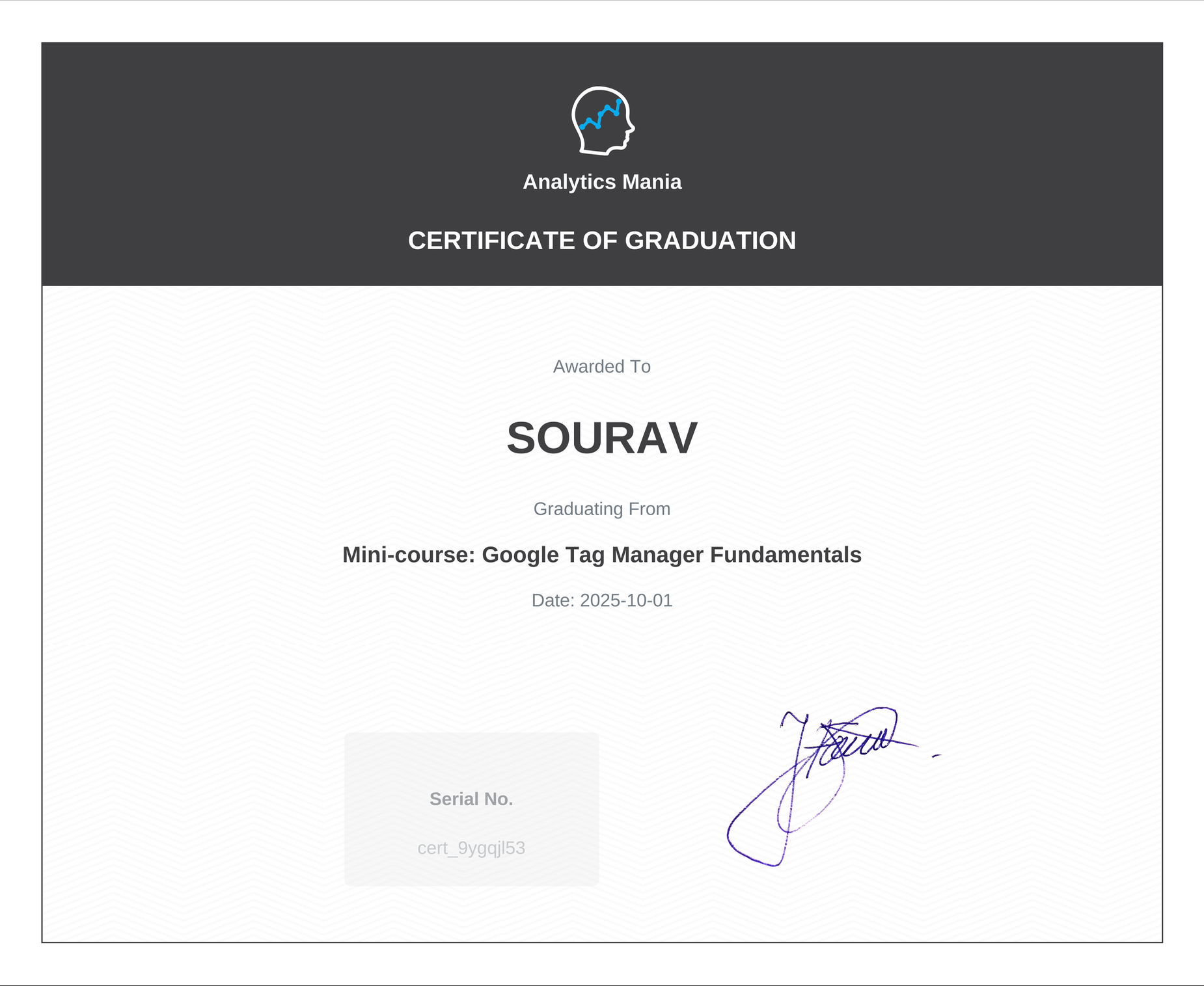 Analytics Mania certificate: Google Tag Manager Fundamentals