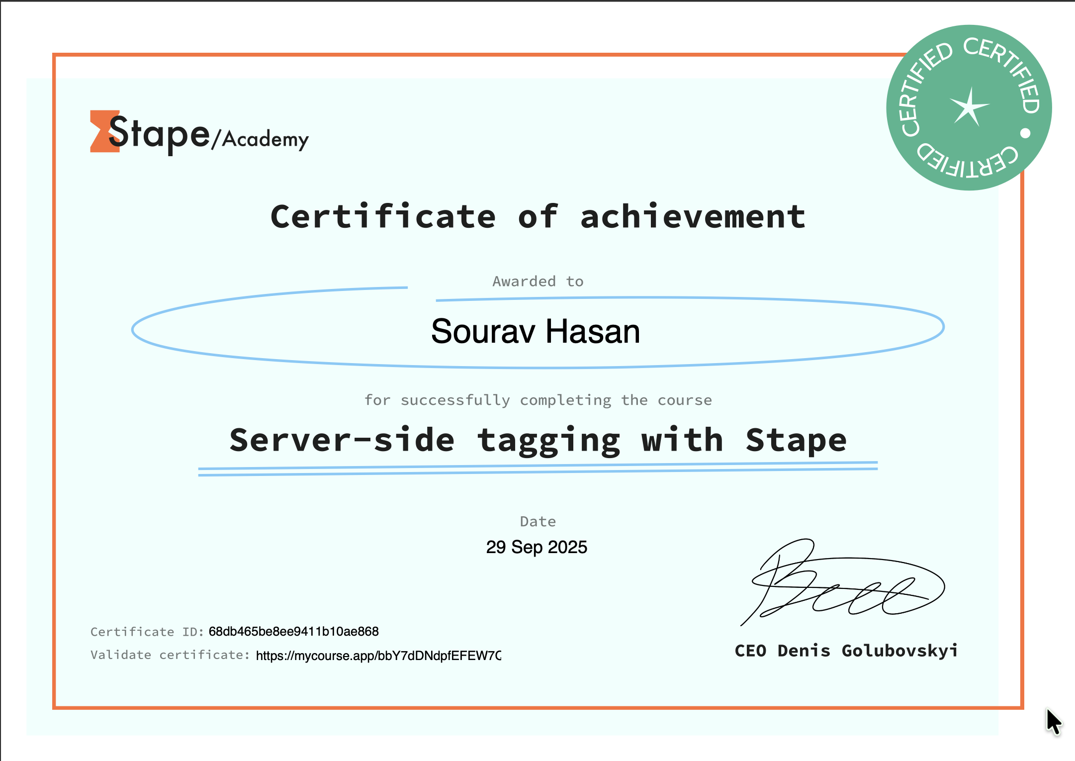 Stape Academy certificate: Server-side tagging with Stape